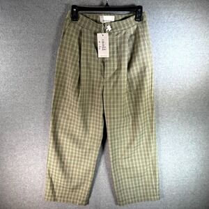 310Mood Trousers Women Small Green Plaid Pleated Front Straight Leg Slash Pocket